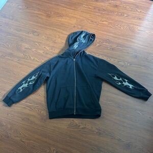 Black Zip-Up with Flame Rhinestone Design